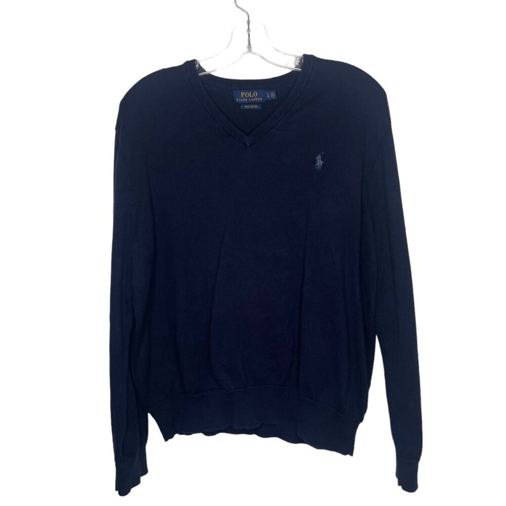 Polo Ralph Lauren Mens Sweater Size L Navy Blue Embroidered Logo V-Neck Pullover - Picture 1 of 12